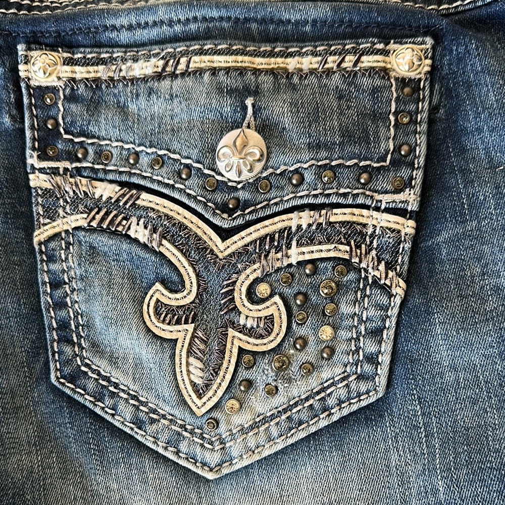 Rock Revival Blue Straight Leg Jeans with Embroidered Design